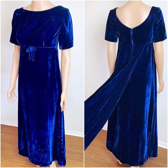 Vintage 60s Blue Velvet‎ Empire Waist Maxi Dress // Size XS - Picture 1 of 8